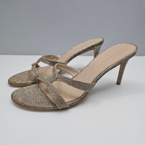 Stuart Weitzman Soiree Shimmer Sandal Women 9 Platinum Gold Strappy Evening Heel - Picture 1 of 11